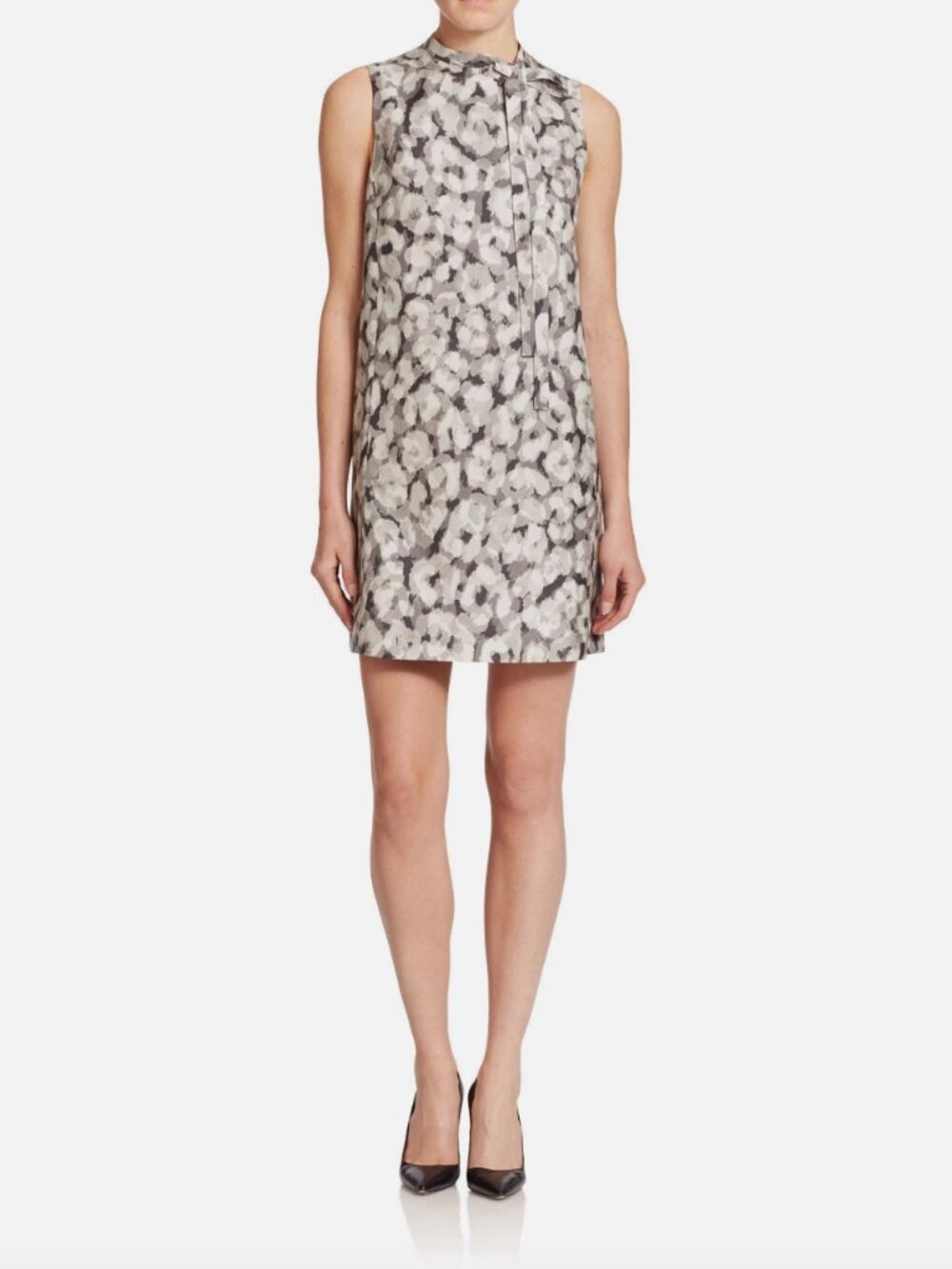 Theory Nurita Bow-Neck Gray Abstract Print Silk Shift Dress-Size 4